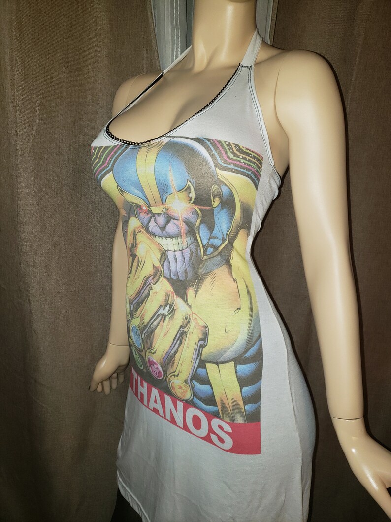 RECYCLED UPCYCLED Halter top dress Tailored Made from licensed Marvel Thanos Infinity Endgame Gauntlet mens shirt Choose size