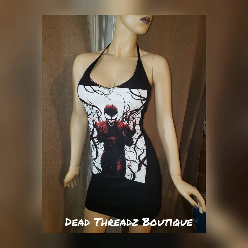 RECYCLED UPCYCLED Halter top dress Tailored Made from licensed Marvel Venom Carnage mens shirt size Small