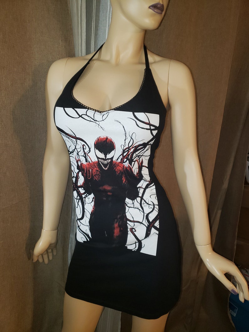 RECYCLED UPCYCLED Halter top dress Tailored Made from licensed Marvel Venom Carnage mens shirt size Small