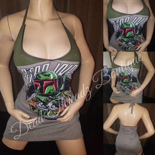 Prêt à expédier RECYCLED UPCYCLED Halter robe haut sur mesure fait à partir d'occasion sous licence Star Wars Boba Fett taille chemise Petite