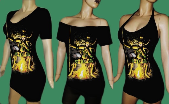 RECYCLED UPCYCLED Halter top dress Tailored Made from licensed Marvel Venom Carnage mens shirt size Small