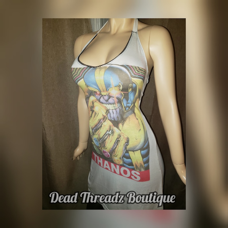 RECYCLED UPCYCLED Halter top dress Tailored Made from licensed Marvel Thanos Infinity Endgame Gauntlet mens shirt Choose size