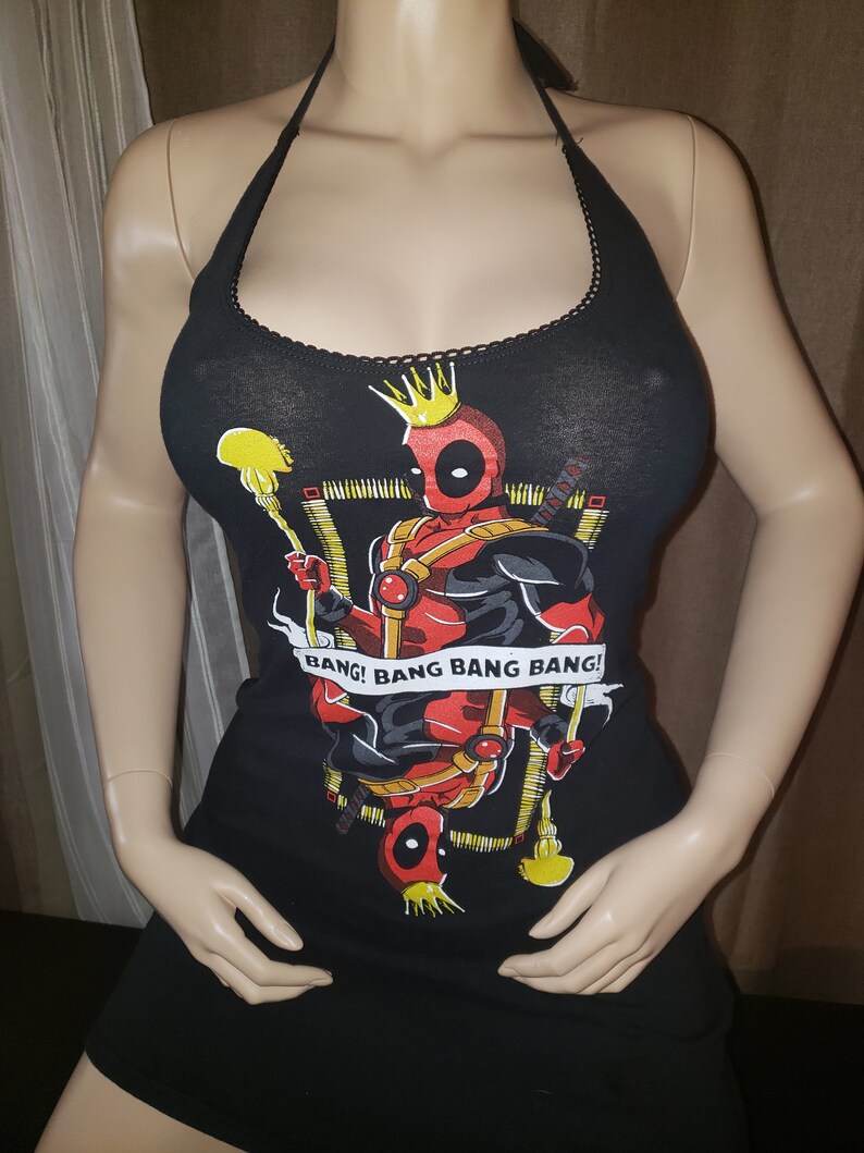 Ready to ship Recycled upcycled Halter top dress Tailored Made from licensed Deadpool queen deck of cards Wade Wilson mens shirt Size Small