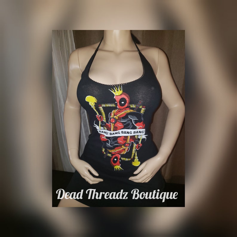 Ready to ship Recycled upcycled Halter top dress Tailored Made from licensed Deadpool queen deck of cards Wade Wilson mens shirt Size Small
