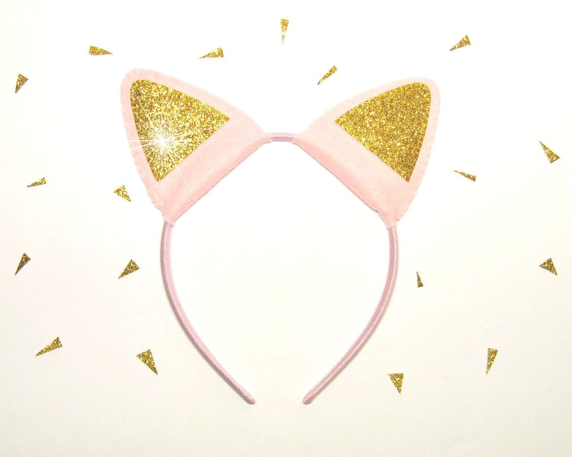 Cat ears headband Pink felt Gold glitter fabric cute girl Etsy