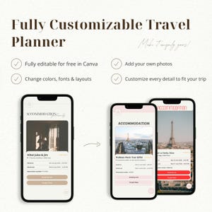 May include: A digital travel planner displayed on three smartphones. The planner features accommodation details with photos, check-in dates, and booking links. Text includes "Fully Customizable Travel Planner" and features like "Fully editable for free in Canva."