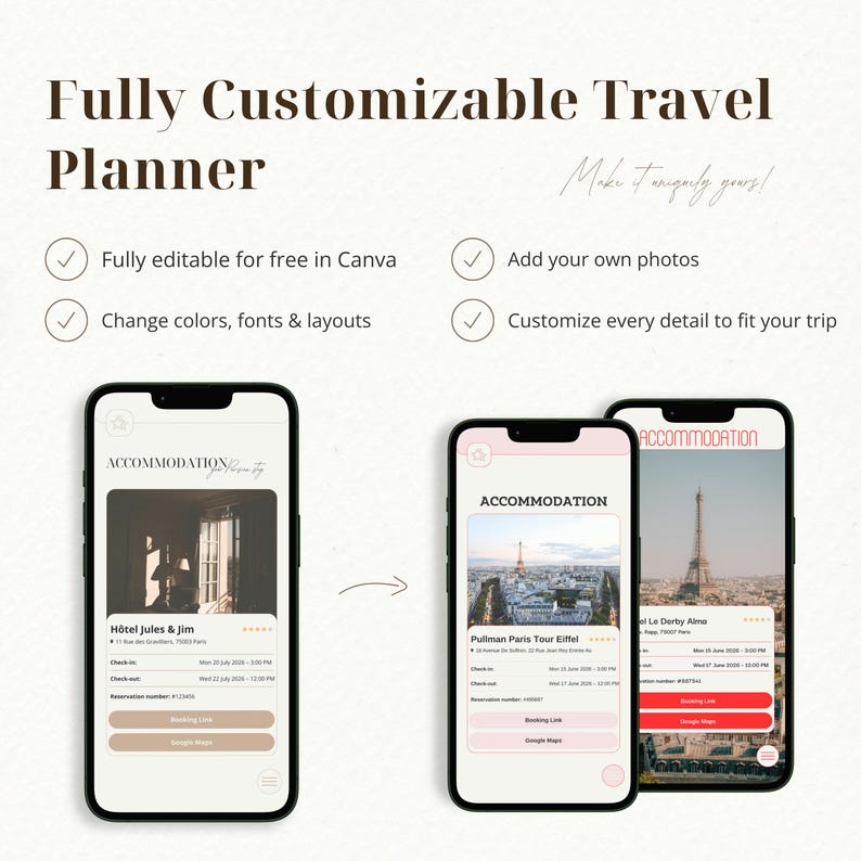 May include: A digital travel planner displayed on three smartphones. The planner features accommodation details with photos, check-in dates, and booking links. Text includes "Fully Customizable Travel Planner" and features like "Fully editable for free in Canva."