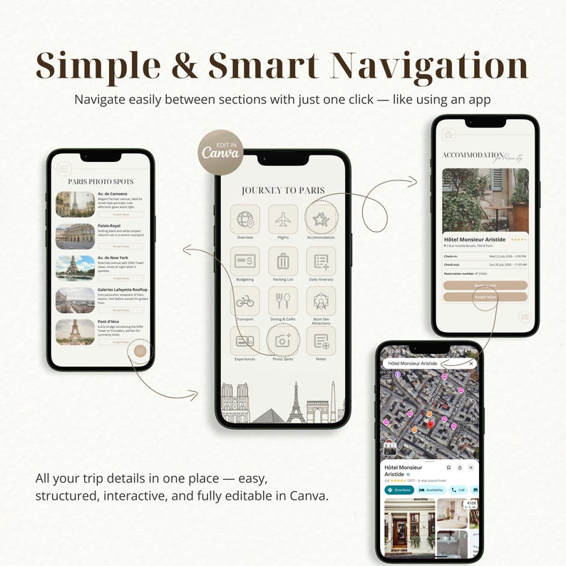 May include: A mockup of a travel app interface on four smartphones. The app displays sections for Paris photo spots, a journey to Paris, and hotel accommodation details. The app's design is clean with a neutral color palette.