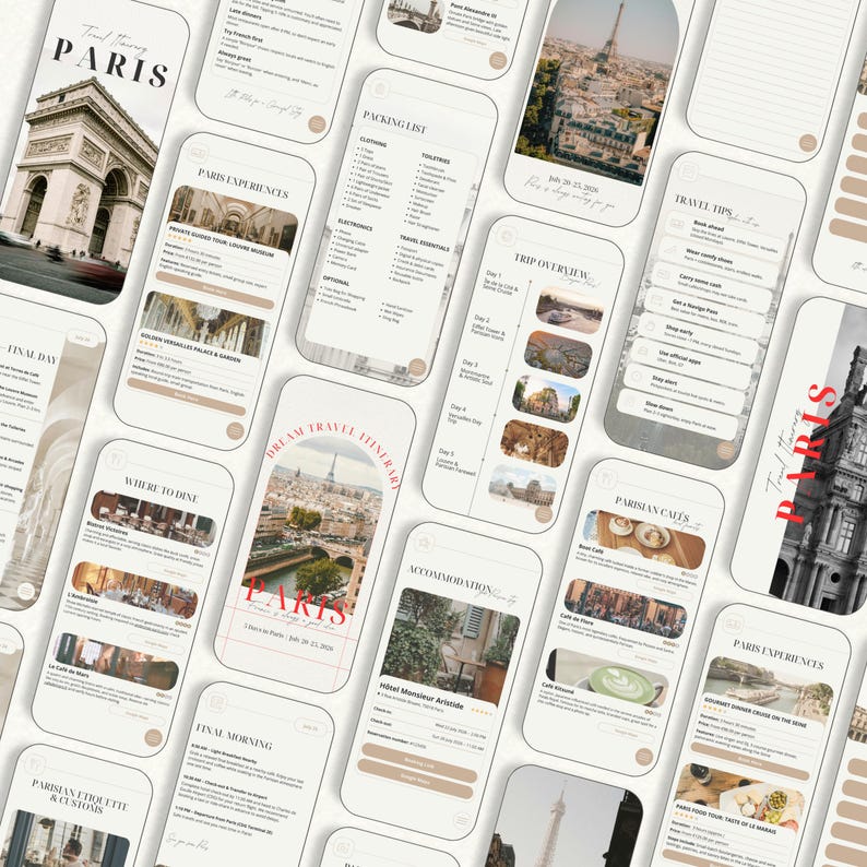 May include: A collection of white smartphones displaying a travel itinerary for Paris. The screens feature text and images related to sightseeing, dining, and packing lists. The overall color scheme is beige and white.
