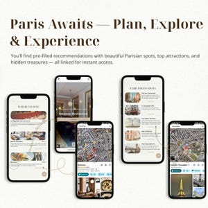 May include: Image of several smartphones displaying a travel app with information about Paris. The app shows restaurant recommendations, photo spots, and maps. Text on the image reads "Paris Awaits - Plan, Explore & Experience."