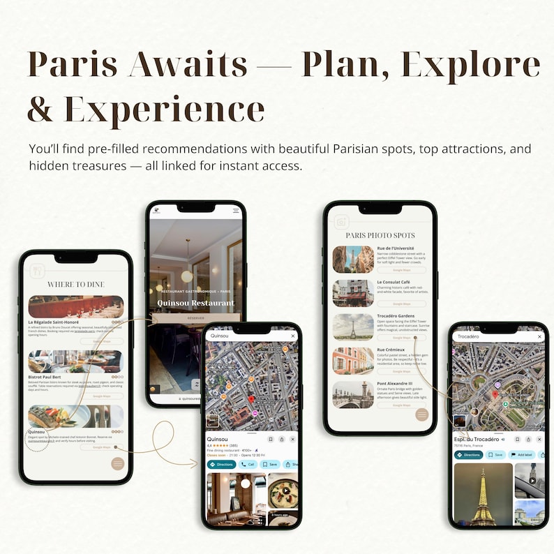 May include: Image of several smartphones displaying a travel app with information about Paris. The app shows restaurant recommendations, photo spots, and maps. Text on the image reads "Paris Awaits - Plan, Explore & Experience."
