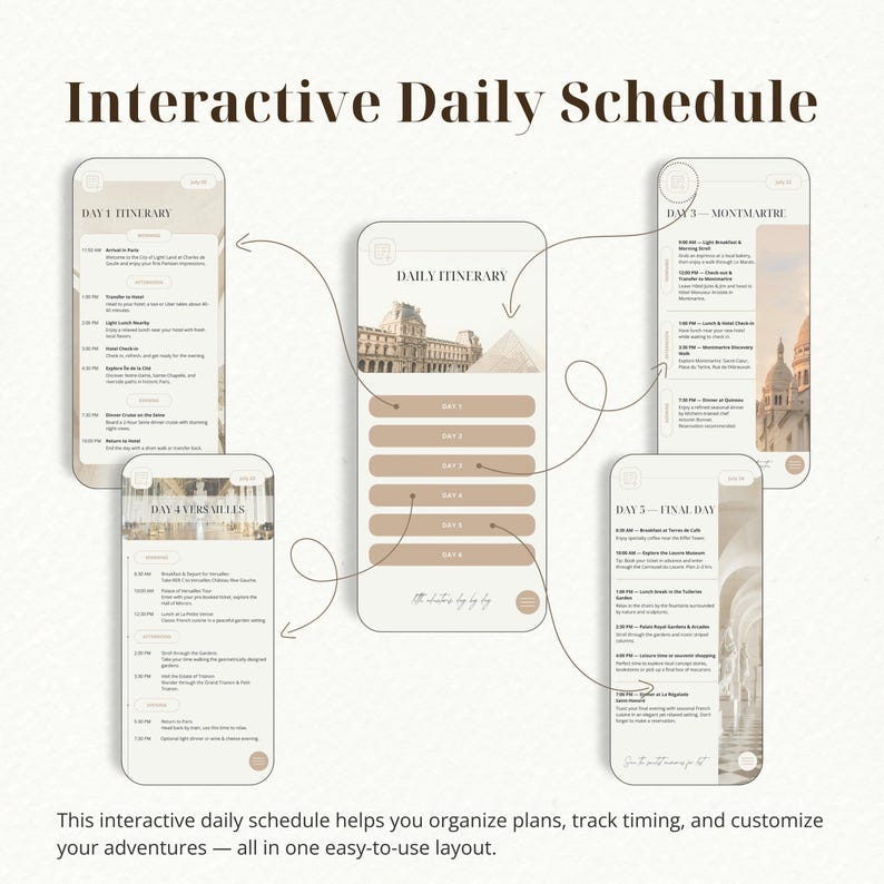 May include: An interactive daily schedule displayed on several smartphones. The screens show itinerary details with the text "Interactive Daily Schedule", "Daily Itinerary", and "Day 1 Itinerary". The layout is beige and white.