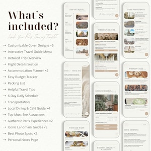 May include: A digital travel guide template for Paris, featuring a list of included features such as customizable cover designs, a travel guide menu, and a detailed trip overview. The design is in neutral tones with a clean, modern aesthetic.