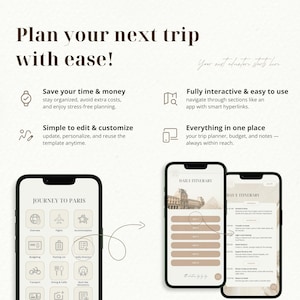May include: A digital travel planner displayed on two smartphones. The screens show a "Journey to Paris" app with icons for various travel categories and a "Daily Itinerary" with a list of activities. The text "Plan your next trip with ease!" is at the top.