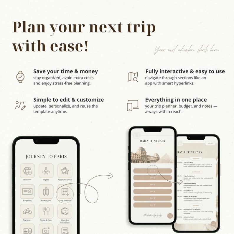 May include: A digital travel planner displayed on two smartphones. The screens show a "Journey to Paris" app with icons for various travel categories and a "Daily Itinerary" with a list of activities. The text "Plan your next trip with ease!" is at the top.