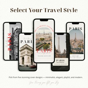 May include: Five smartphones displaying travel itinerary cover designs. Each phone shows a different Parisian landmark, with the word "PARIS" in bold text. The text "Select Your Travel Style" is at the top, with additional text at the bottom.