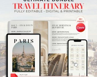 Editable Paris Travel Itinerary Template | 4-in-1 Bundle: Digital, Mobile & Printable | Canva