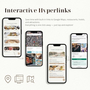 May include: Four smartphones displaying travel information. The screens show restaurant menus, maps, and tour details. Text includes "Interactive Hyperlinks", "Tastes of Paris", and "Paris Experiences". Icons for location, website, and map are at the bottom.