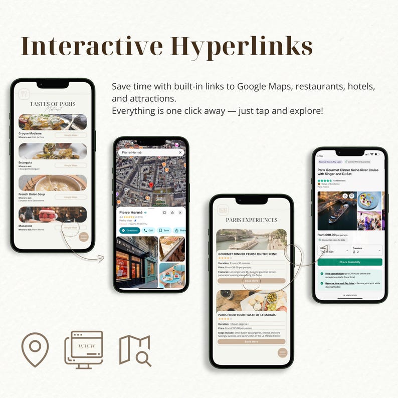 May include: Four smartphones displaying travel information. The screens show restaurant menus, maps, and tour details. Text includes "Interactive Hyperlinks", "Tastes of Paris", and "Paris Experiences". Icons for location, website, and map are at the bottom.