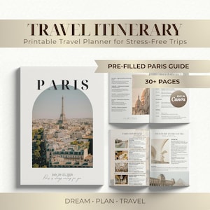 Könnte beinhalten: Ein druckbarer Reiseplan mit dem Titel "TRAVEL ITINERARY" mit dem Text "Printable Travel Planner for Stress-Free Trips". Das Cover zeigt "PARIS" mit einem Bild des Eiffelturms. Enthält einen "PRE-FILLED PARIS GUIDE" mit über 30 Seiten.