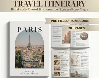 Editable Printable Paris Travel Itinerary | Canva Template