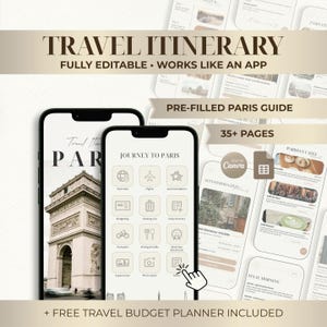 May include: A digital travel itinerary app displayed on two smartphones. The app features a "Journey to Paris" guide with icons for various categories. The text "TRAVEL ITINERARY" and "FULLY EDITABLE &bull; WORKS LIKE AN APP" are at the top. The app includes a free travel budget planner.