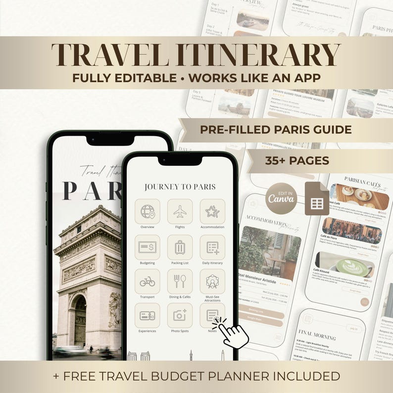May include: A digital travel itinerary app displayed on two smartphones. The app features a "Journey to Paris" guide with icons for various categories. The text "TRAVEL ITINERARY" and "FULLY EDITABLE &bull; WORKS LIKE AN APP" are at the top. The app includes a free travel budget planner.