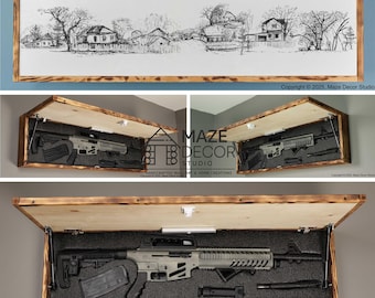 Farmhouse Village Line Art Wall Art Secret Compartment | Black and White Home Decor
