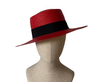 red summer boater, Panama hat for women, summer hat, dressy straw hat, cool beach hat made in Israel