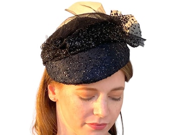 black cocktail hat new years eve/ ladies dress hat / black wedding hat/ occasion hat/ black fascinator/ mini hat/ elegant hat made in Israel