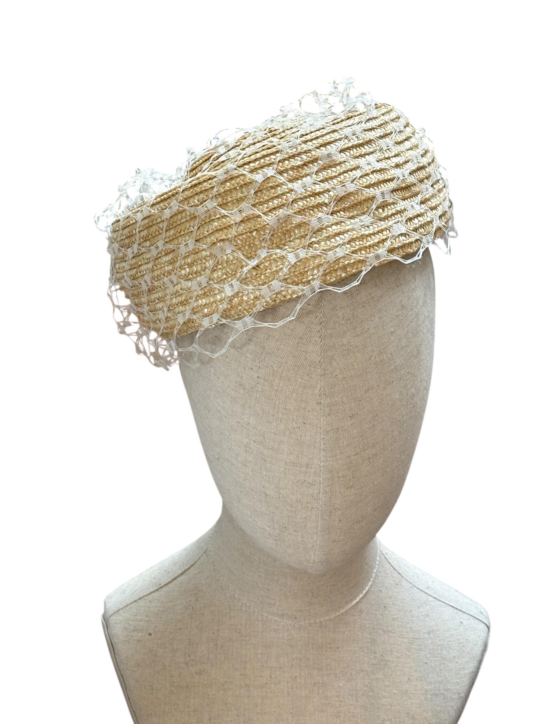 Vintage 1950s-1960s Straw Pillbox Hat With Birdcage Veil Beige Brown Satin Trim Straw pillbox bridal hat with birdcage veil main image 3