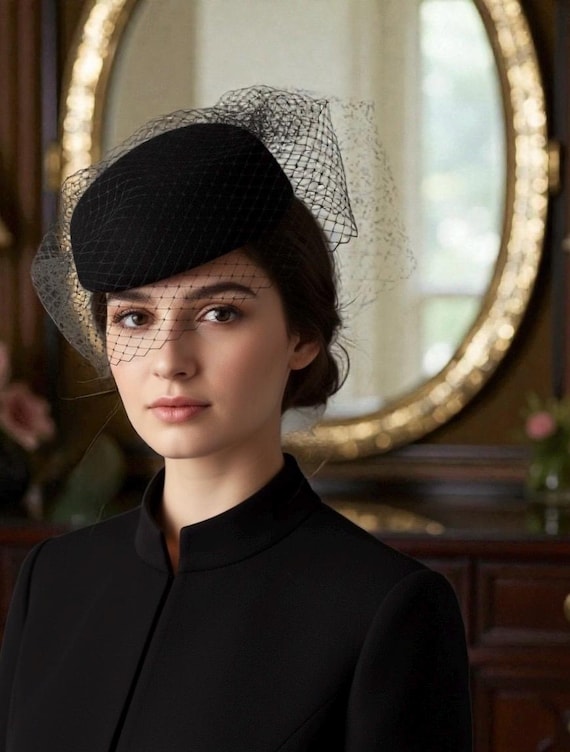 Black Fascinator Hat With Veil, Funeral, Wedding Dress Hat  display picture 2