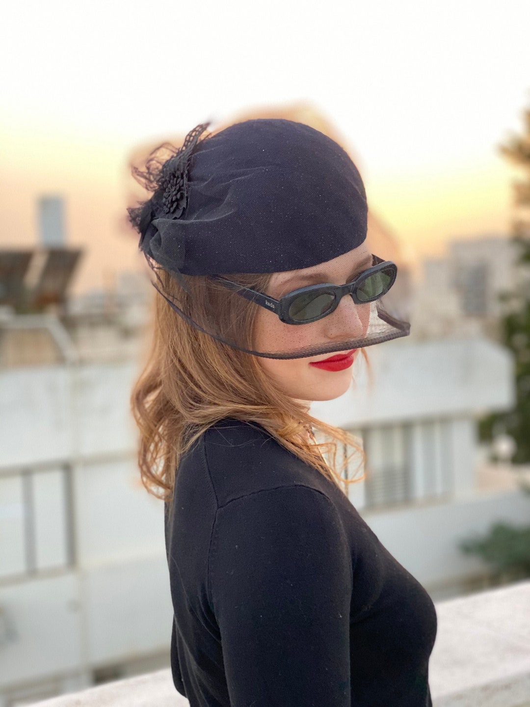 Black Funeral Hat With Veil/ Felt Funeral Hat/ Mourning Veil