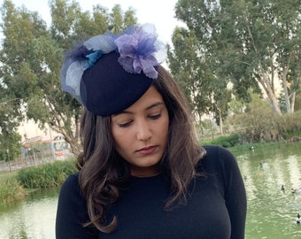 navy fascinator, navy cocktail hat, summer occasion hat, navy wedding hat,  winter dress hat, race day hat, couture hat