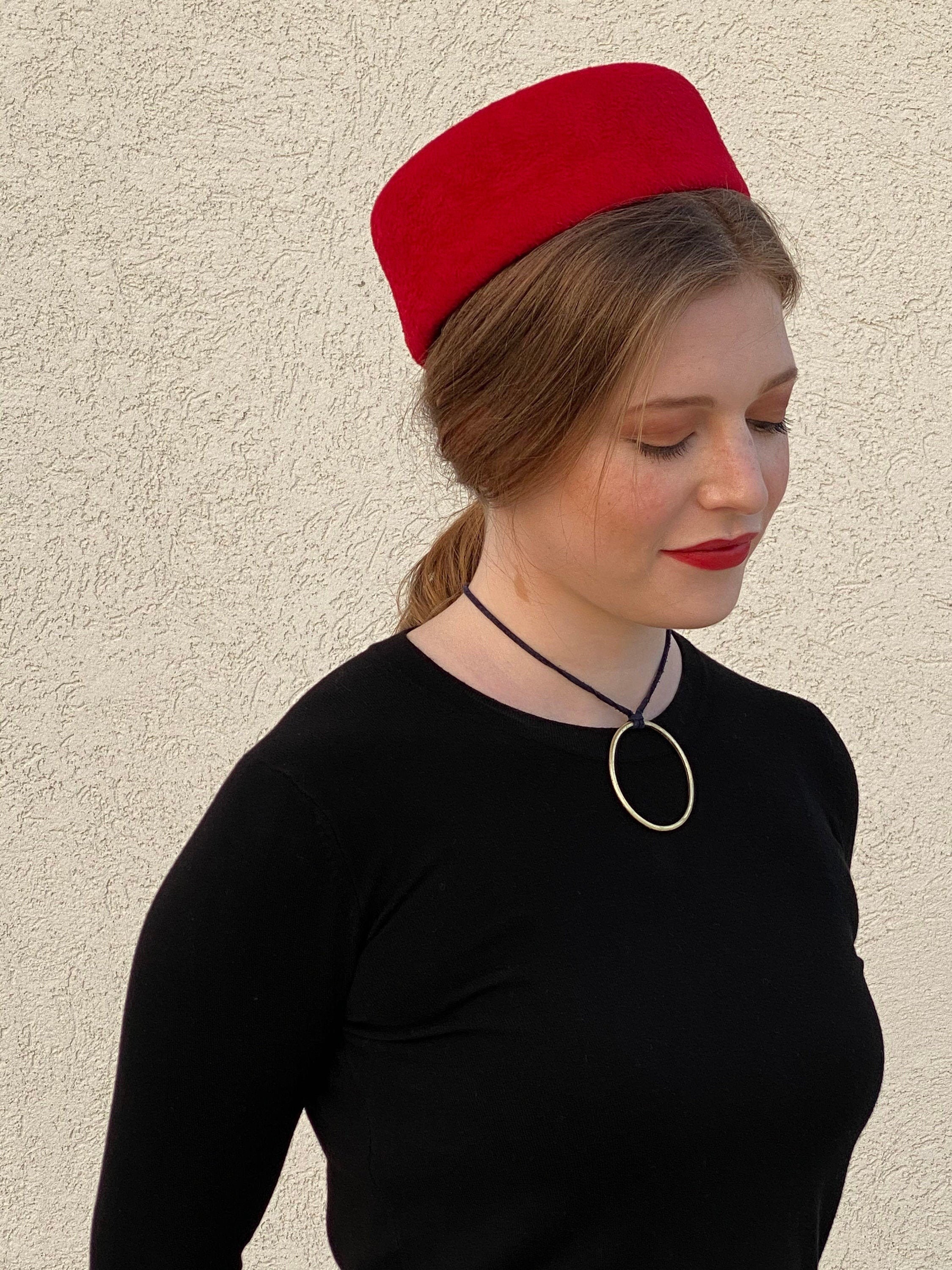 Red Pillbox Hat/ Velour Winter Hat/ Red 