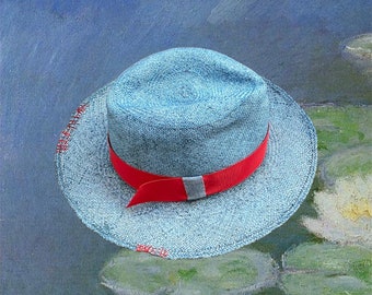 blue Fedora, gift for her or him, Authentic Panama hat, natural sun hat, womens Jeans color hat, mens straw hat, boho hat