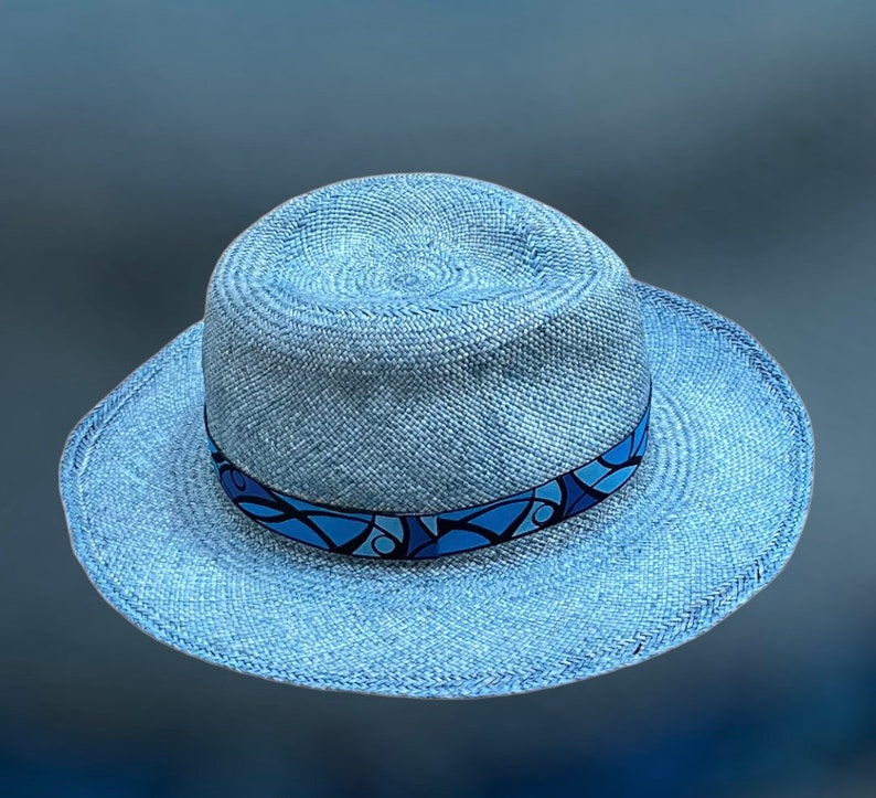 blue Fedora, gift for her or him, Authentic Panama hat, natural sun hat, womens Jeans color hat, mens straw hat, boho hat, chemo hat image 2