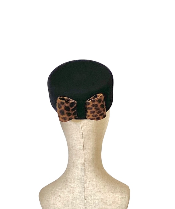 Hand Made Leopard Print Bow Pillbox Hat - Brown & Black Pillbox Hat Leo Pattern, Bow, Retro Leopard Hat, Jackie  main image 2