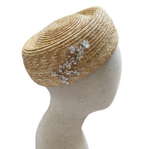 beaded straw pillbox hat/ formal summer hat Jackie style/ natural pillbox hat/ occasion hat/ event hat/ 50s 60s style hat