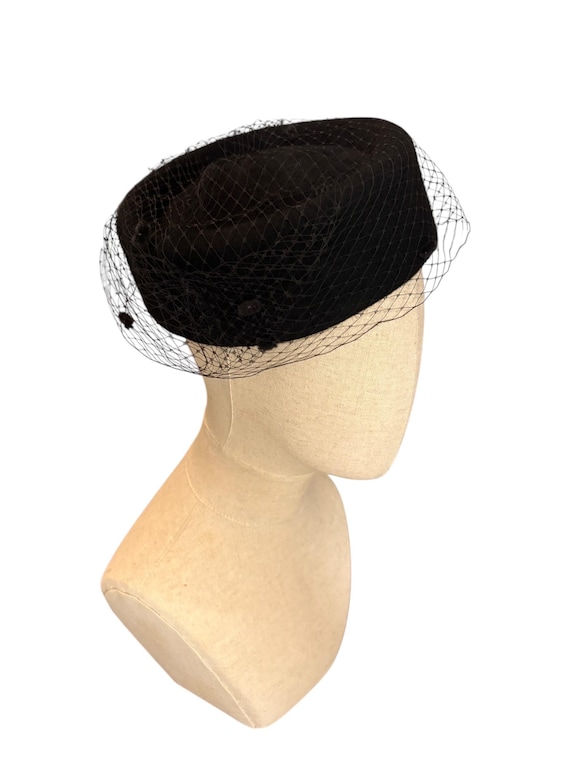 Black Pillbox Hat With Veil, Velour Winter Hat, Funeral Hat 
