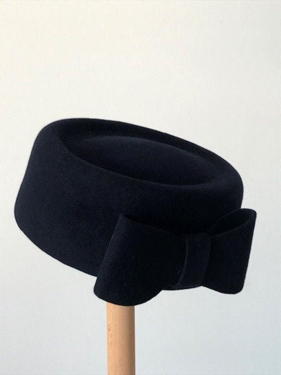 Black Felt Pillbox Hat/ Winter Hat for 