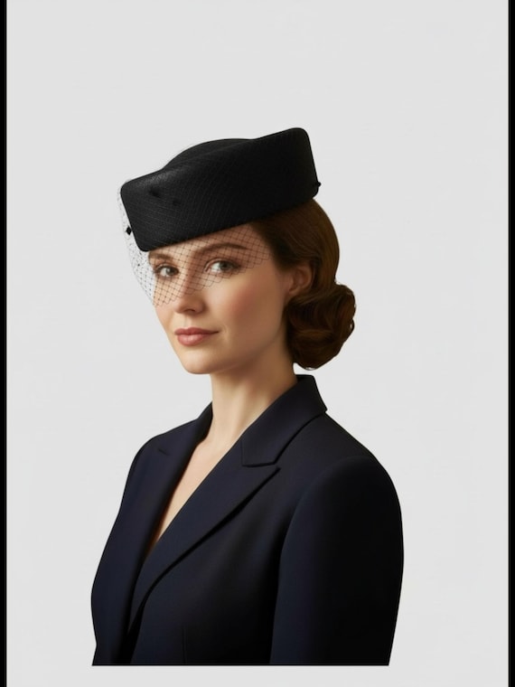 Black Pillbox Hat With Veil, Velour Winter Hat, Funeral Hat  display picture 2