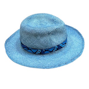 blue Fedora, gift for her or him, Authentic Panama hat, natural sun hat, womens Jeans color hat, mens straw hat, boho hat, chemo hat image 1