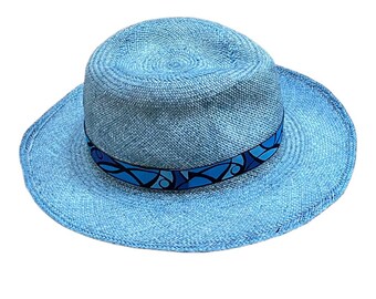 blue Fedora, gift for her or him, Authentic Panama hat, natural sun hat, womens Jeans color hat, mens straw hat, boho hat, chemo hat