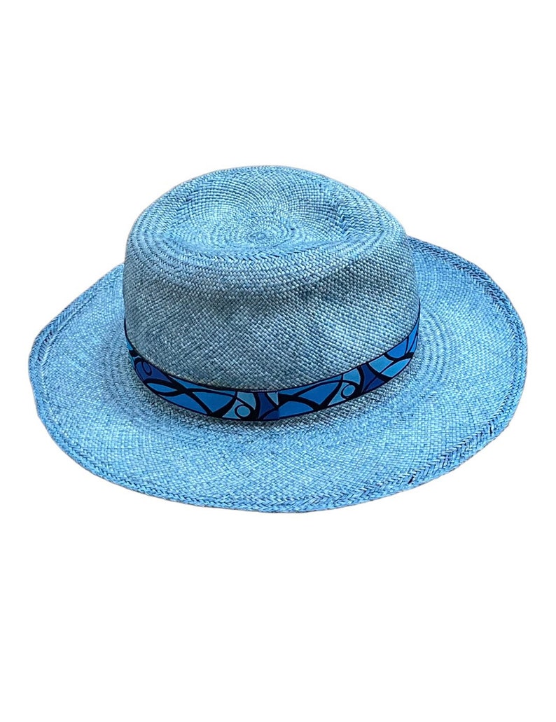 blue Fedora, gift for her or him, Authentic Panama hat, natural sun hat, womens Jeans color hat, mens straw hat, boho hat, chemo hat image 1