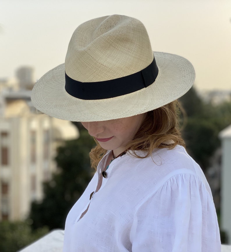 blue Fedora, gift for her or him, Authentic Panama hat, natural sun hat, womens Jeans color hat, mens straw hat, boho hat, chemo hat image 4