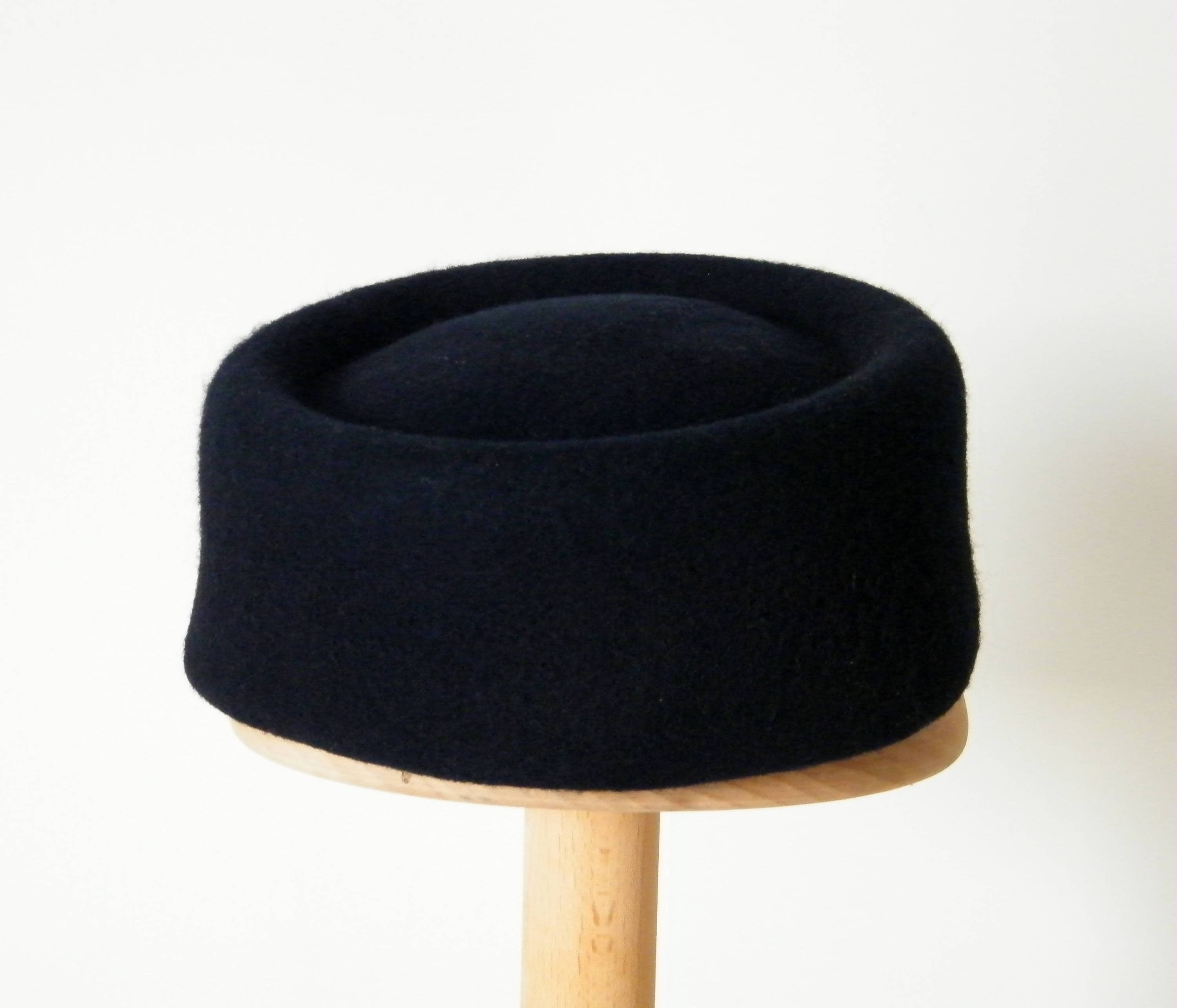 Jackie Navy Wool Felt Pillbox Hat: 50s Style Dress Hat