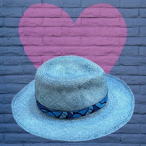 blue Fedora, gift for her or him, Authentic Panama hat, natural sun hat, womens Jeans color hat, mens straw hat, boho hat, chemo hat image 3
