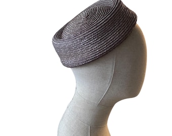 grey summer pillbox hat/ 60s hat/ Jackie style wedding hat/ straw pillbox hat