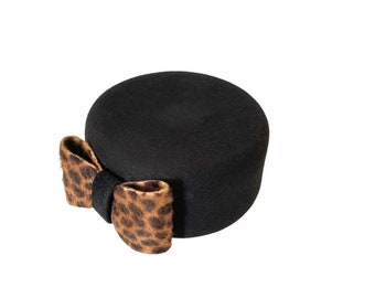 black felt pillbox hat leopard print bow/women’s winter formal hat/  occasion hat, gift for her made in Israel/ 50s hat jackie style